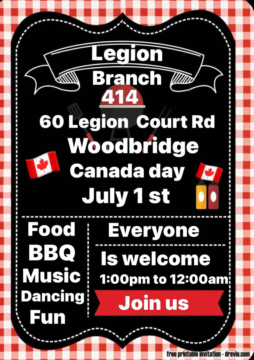 Be sure to come out and celebrate Canada Day on Saturday July 1st 1pm-12am. Help support your Legion while having fun and enjoying the company of Branch 414 Legion members and the community.  #CanadaDay #Canada #Legion #RoyalCanadianLegion #Woodbridge #Vaughan #Maple #Kleinburg