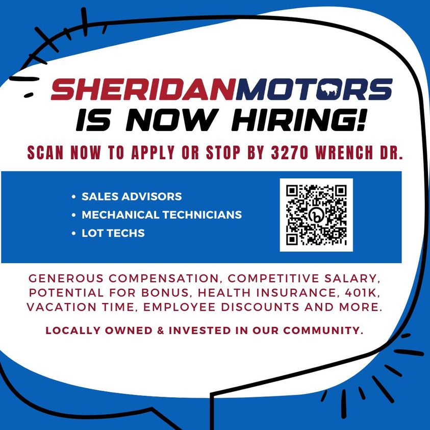SheridanCDJR's tweet photo. Now Hiring at Sheridan Motors! Scan the QR code to apply now or stop by at 3270 Wrench Drive. We're looking for Mechanical Technicians, Lot Techs and Sales Advisors. Make a great living while building your career with us! #jobsinsheridanwyoming #nowhiring #sheridanmotors https://t.co/U0s1RMrse7