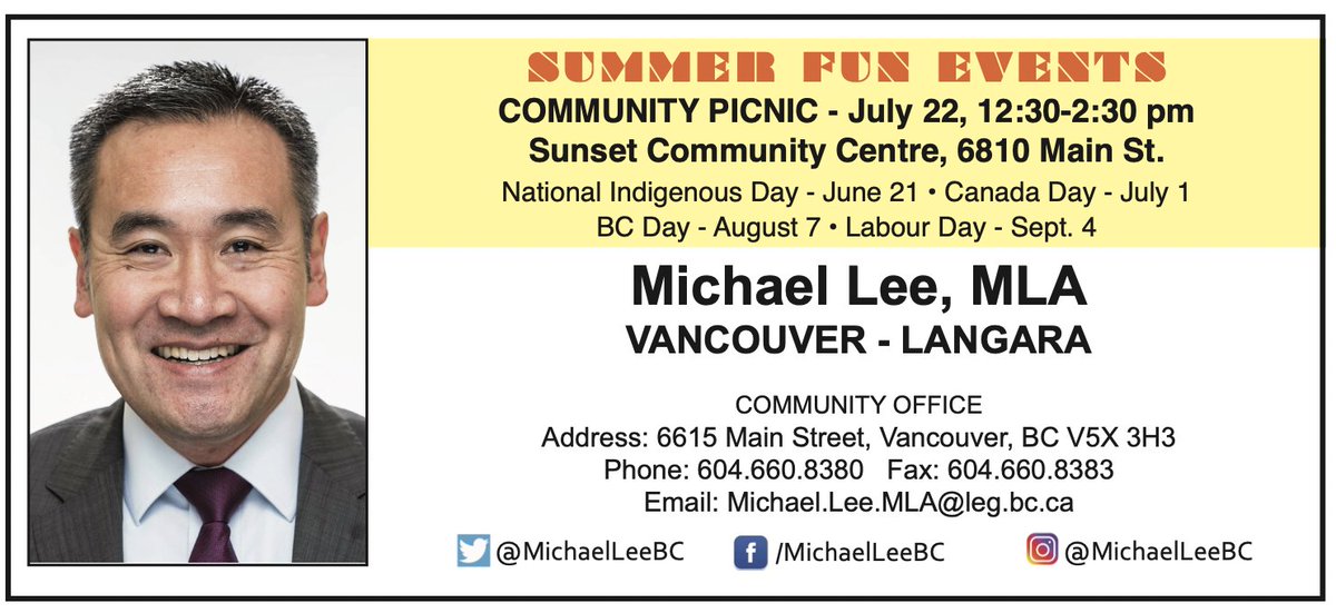 Happy Canada Day! Michael Lee, MLA, Vancouver-Langara, 6615 Main St., Michael.Lee.MLA@leg.bc.ca  As seen in The Summer 2023 Edition of The REVUE online at revuecommunitynews.com 

#MichaelLee #VancouverLangara #NationalIndigenousDay #CanadaDay #BCDay #SummerBBQ #LabourDay