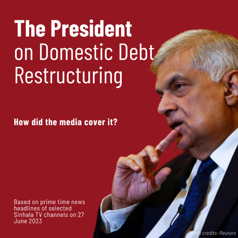 EthicsEye's tweet photo. President Ranil Wickremesinghe on domestic #debt #restructuring in #lka💰

Which points in his speech did #SriLankan Sinhala TV prime time news headlines highlight on 27 June?📺

Swipe to find out ➡