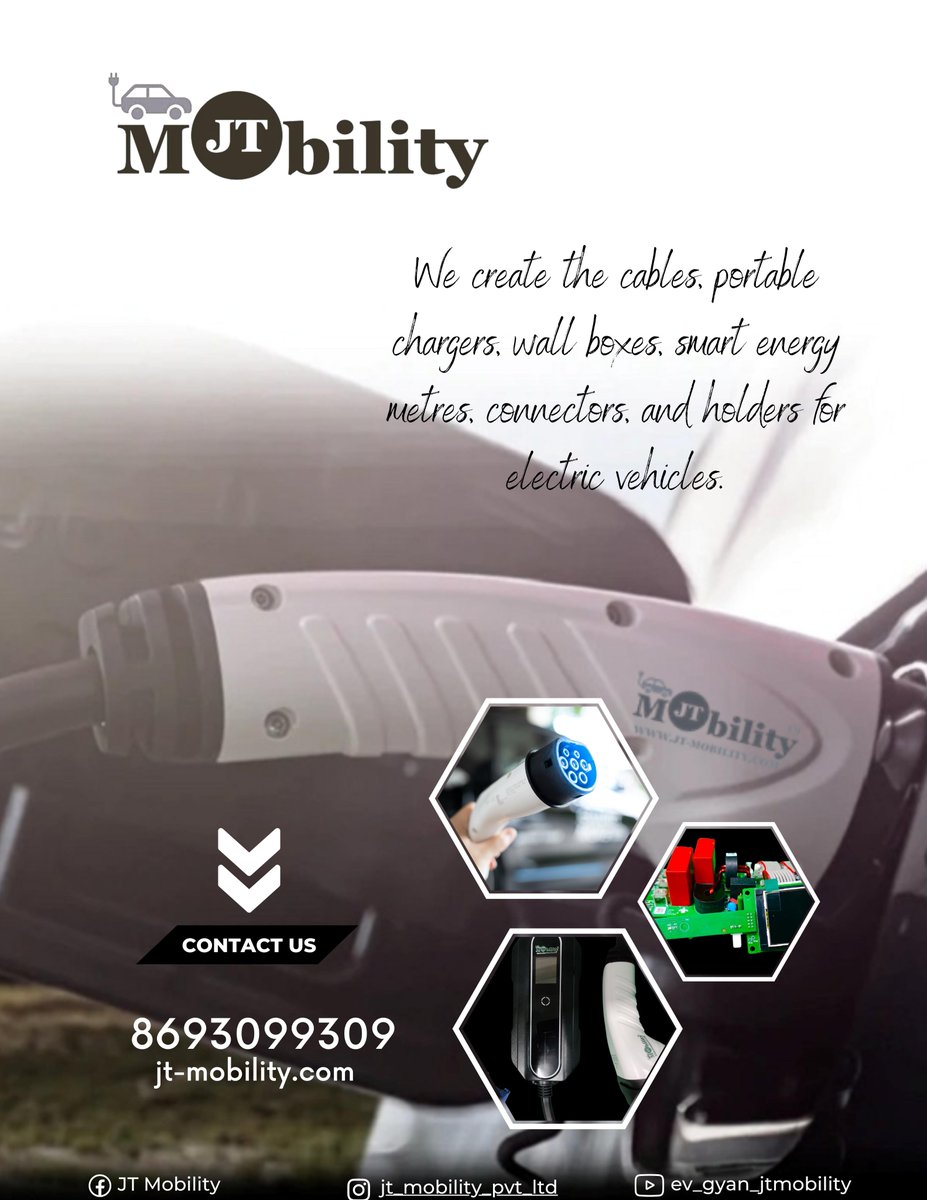 jt_mobility's tweet photo. JT Mobility Pvt. Ltd. is a Mumbai-based manufacturer specializing in electric vehicle charging components, including sockets, cables, plug connectors, and chargers.
Our Site: https://t.co/iyIUfjRato
#ElectricVehicles  #ElectricCars #automobile #Tatamotors  #Mahindra #EVcharging https://t.co/AXoMkKfOMv