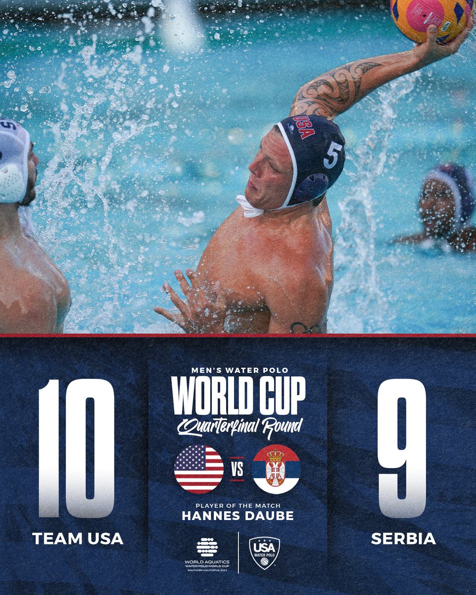 An epic comeback tonight in LA wraps up the quarterfinal round of the <a href="/WorldAquatics/">World Aquatics</a> Men's World Cup. <a href="/DaubeHannes/">Hannes Daube</a> scores two late goals to secure the win. Adrian Weinberg with 15 saves. Look back at the day that was with our recaps: usawaterpolo.org/news/2023/6/30… #waterpoloworldcup