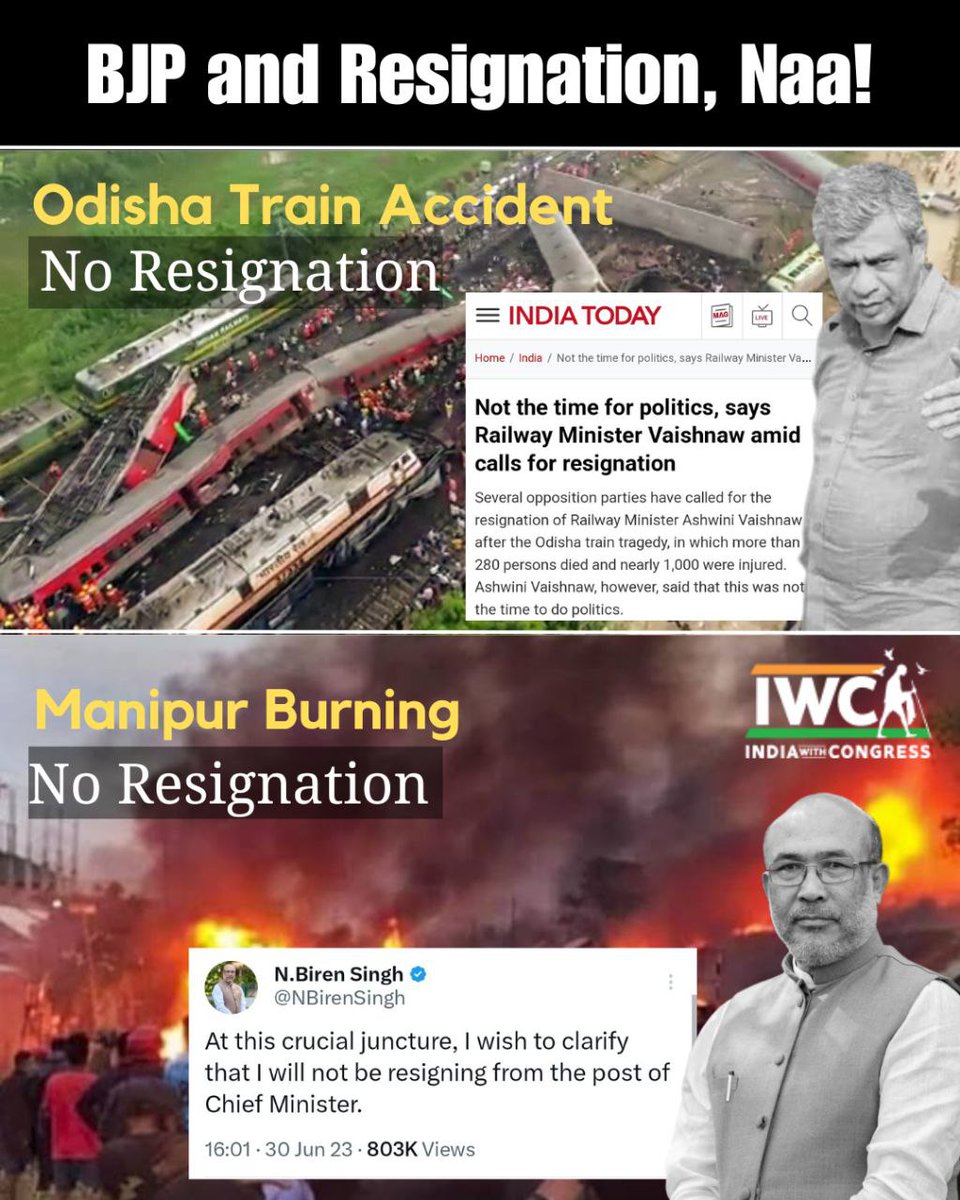 No matter how fatal it may get, but BJP Leaders won't own up and resign!

Join #IWCMovement on indiawithcongress.com

#ManipurViolence
#OdishaTrainAccident
#IndiaWithCongress