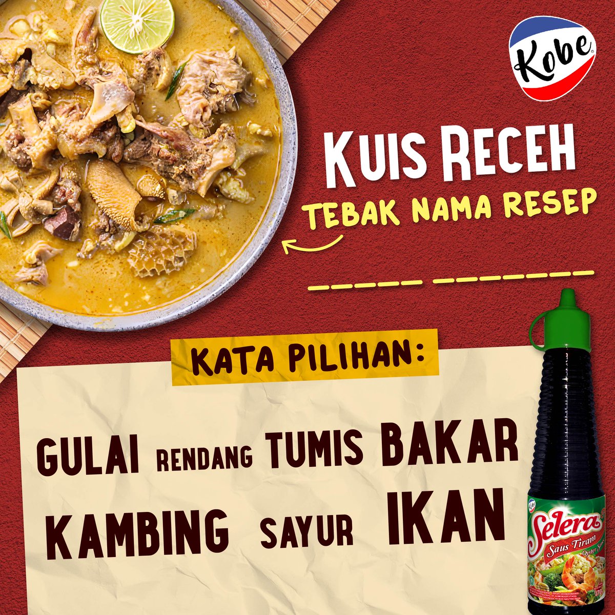 Kuis Receh: Tebak Nama Resep Berikut Ini!

Yuk jawab dan Menangkan uang digital Total 500.000 untuk 5 Bestie yang beruntung!

#dapurkobe #tepungkobe #giveaway #kuis