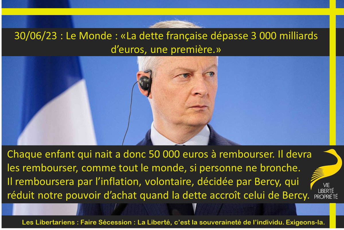 StephaneGeyres's tweet photo. Chaque enfant qui nait a donc 50 000 euros à rembourser. Il devra les rembourser, comme tout le monde, si personne ne bronche. Il remboursera par l’inflation, volontaire, décidée par Bercy, qui réduit notre pouvoir d’achat quand la dette accroît celui de Bercy.
libéral #Libéralie https://t.co/eIOxnaoweA