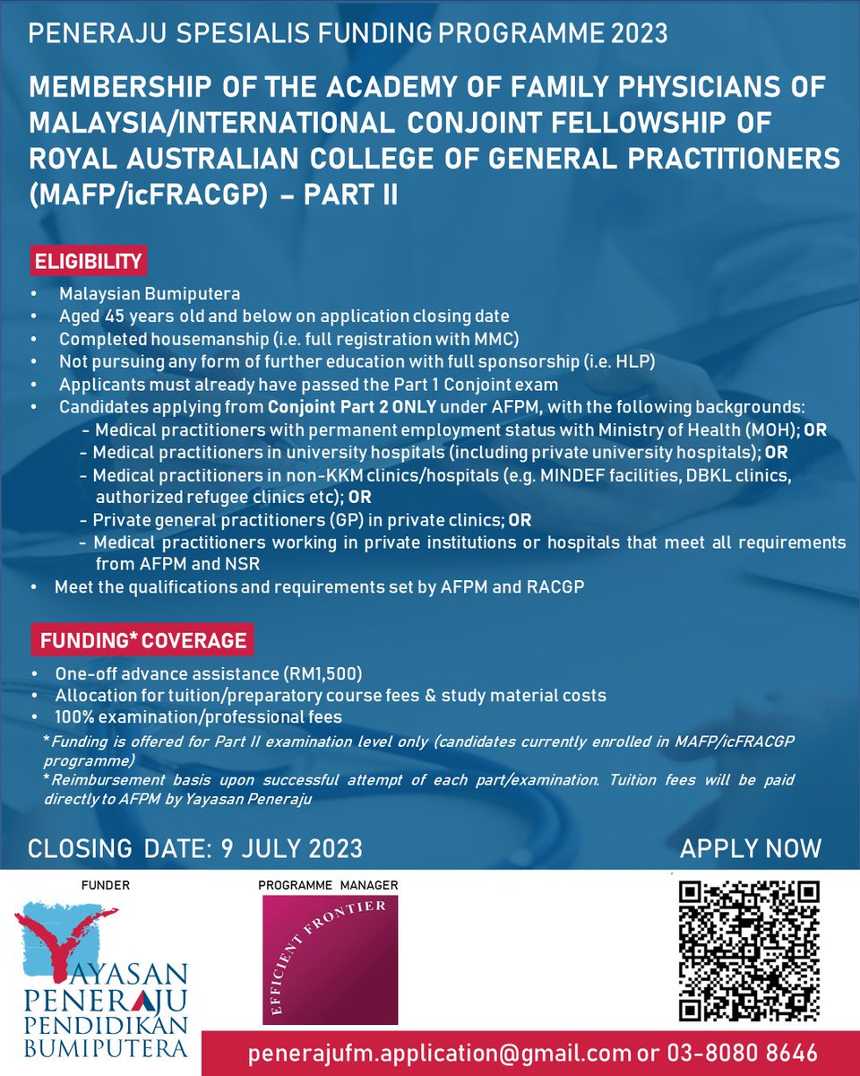 Efficientefc's tweet image. The application deadline for Peneraju Spesialis Funding Programme for MAFP/icFRACGP Part II Admission has been EXTENDED TO SUNDAY, 9 JULY 2023 at 11.59pm!

Don’t miss this amazing opportunity and APPLY NOW!
[forms.office.com/r/4wcEqu8cCp]

#PenerajuSpesialis #MAFP #icFRACGP