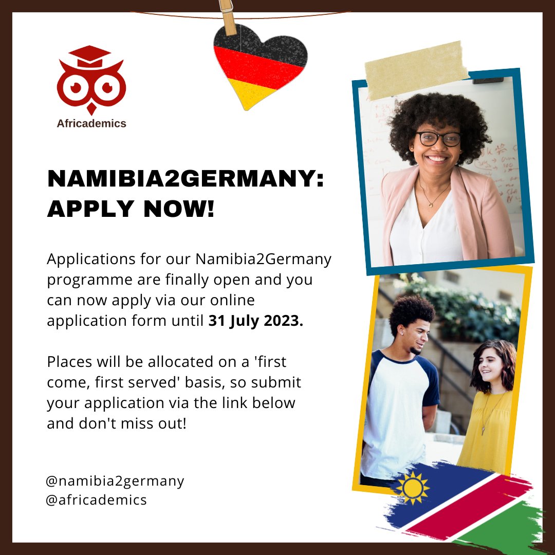 Applications for #Namibia2Germany are finally open! Submit your application today and join our 10-month coaching and mentoring programme for #German-speaking #Namibians. Apply here: forms.gle/ZQUoTYfwFPK55s… 

#africademics #germany #tvet #vocationaltraining #ausbildung #education