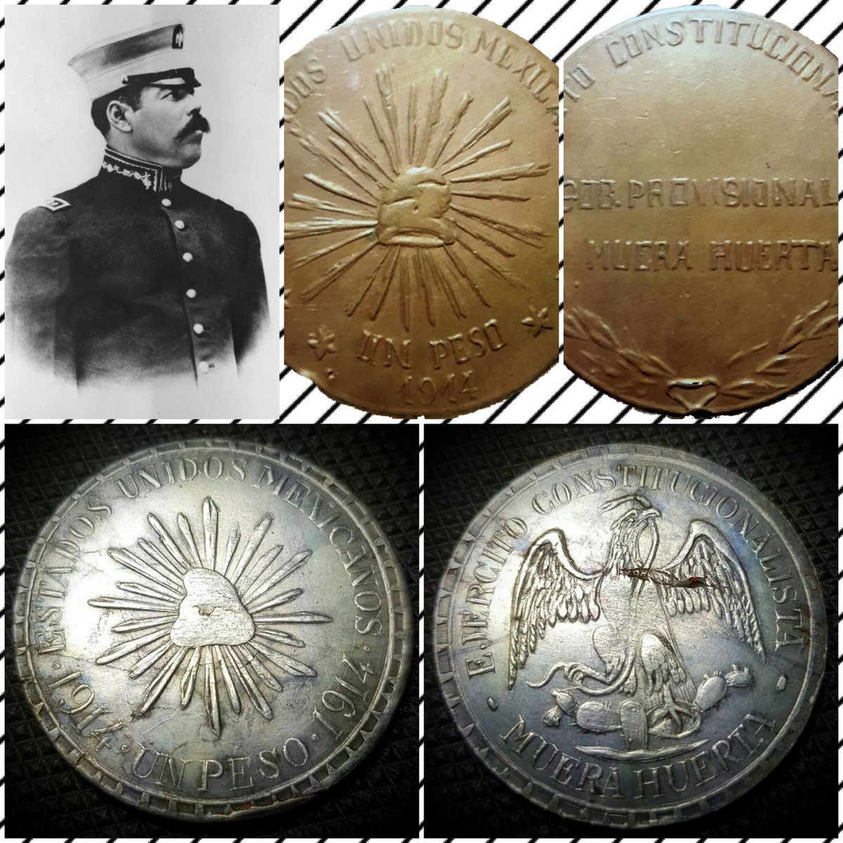 La moneda más famosa de la Revolución mexicana fue sin duda El Peso Muera Huerta de 1914, fueron 2 tipos de estas, las primeras acuñadas en Cobre y con leyendas muy significativas,  y las segundas en plata y con sus águilas muy mexicanas, son parte de nuestra historia.