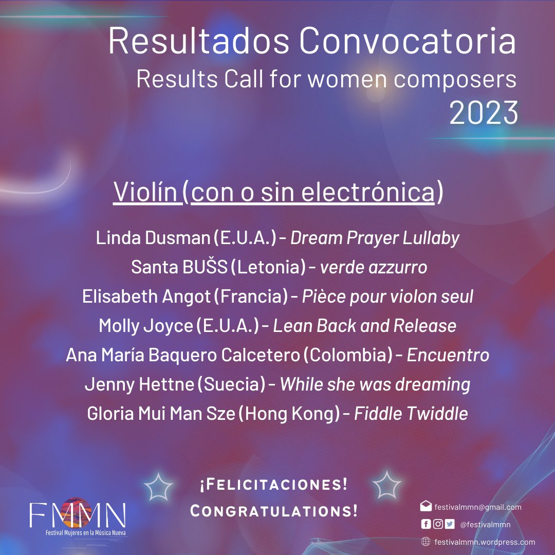 festivalmmn's tweet photo. 💫📣 Nos complace anunciar los resultados de la convocatoria FMMN 2023 y celebramos haber recibido 137 obras de 112 compositoras de 37 países.
¡Gracias a todas las participantes y felicitaciones!
#FMMN #Convocatoria #Compositoras #WomenComposers #Mujeresenlamúsica #Colombia https://t.co/BcA2j9w0ov