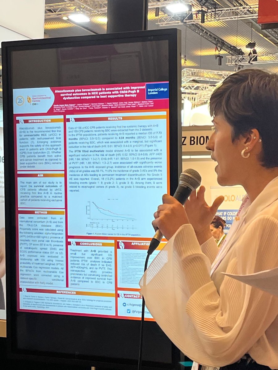 Grateful to present the results of our latest work at #WCGIC2023. Thanks for the provocative discussion led by @DrAngelaLamarca More data are needed to recommend the best for our patients with CP-B liver dysfunction and HCC! @DJPinato @A_DAlessioMD @ImperialSandC @myESMO