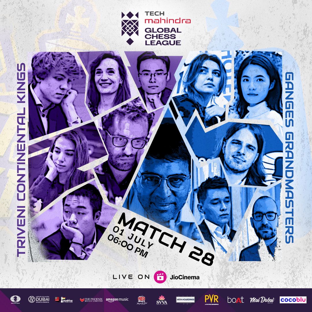 GCLlive's tweet photo. Big name. Big game. Who would come clutch?

@trivenickings v @GangesGMs 

Watch LIVE on @JioCinema

#TCKvGG #GCL #GlobalChessLeague #TheBigMove #TheFinalWeekend #GCLonJioCinema https://t.co/mbEn5QWScg