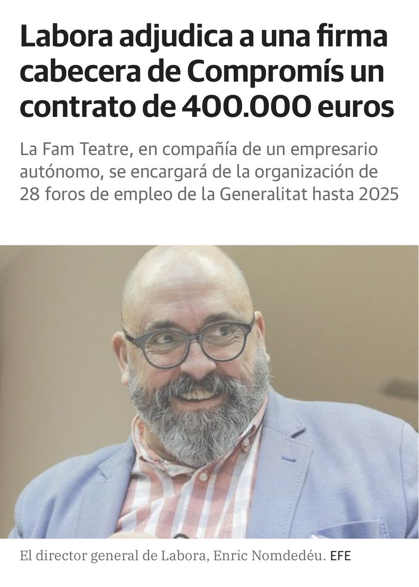 Pableraso's tweet photo. Labora adjudica a una firma cabecera de Compromís un contrato de 400.000 euros

La Fam Teatre, en compañía de un empresario autónomo, se encargará de la organización de 28 foros de empleo de la Generalitat hasta 2025

Han muerto matando y dando dinero a los suyos https://t.co/TwL7vRKzqI