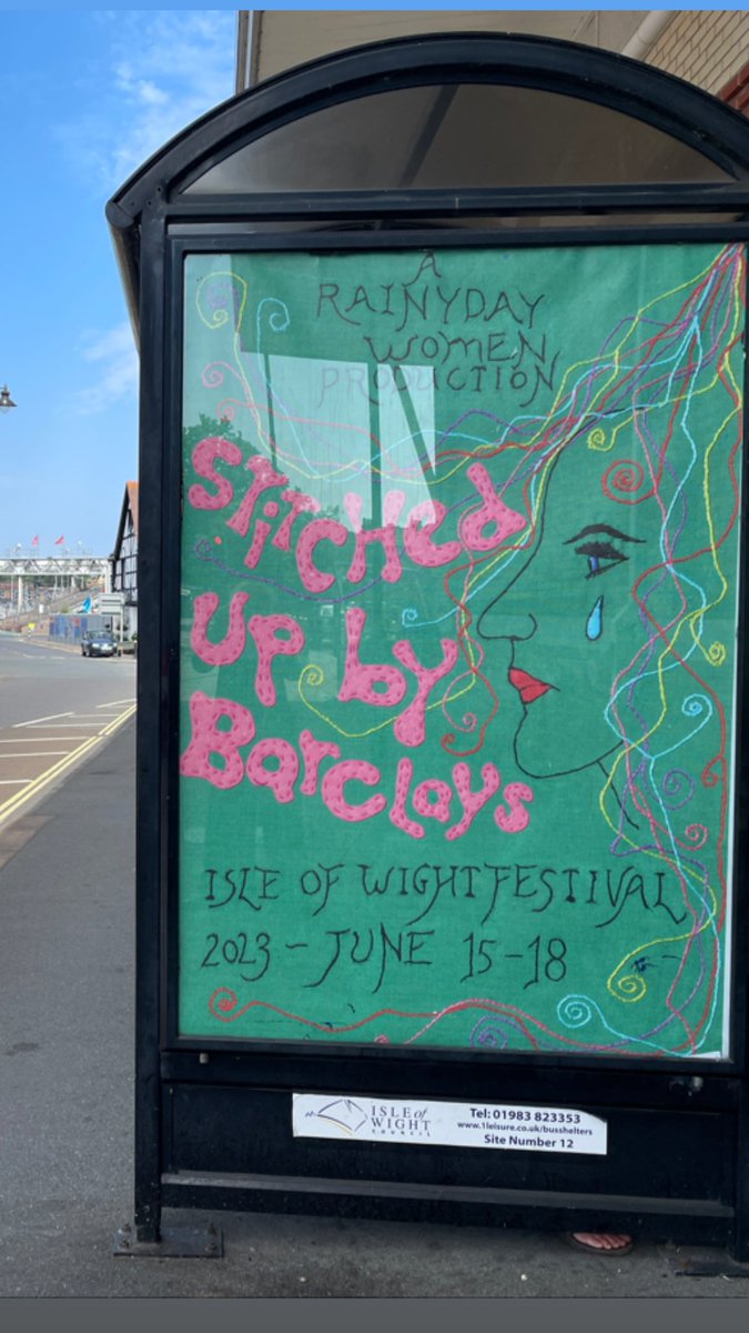 For the 2023 #isleofwightfestival every bus stop shelter on the Island displayed huge posters of our #stitchedupbybarclays embroideries - asking people to question where their festival money goes 
#ClimateEmergency