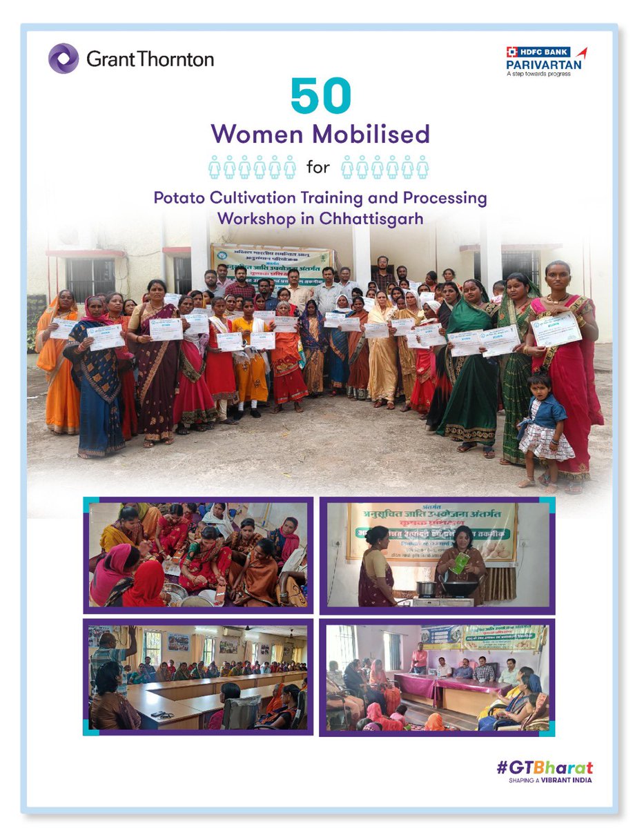 GrantThorntonIN's tweet image. #LocalEconomicDevelopment | #GTBharat team successfully organised a training programme on potato cultivation and processing techniques for 50 female #farmers in Mahasamund, Chhattisgarh.