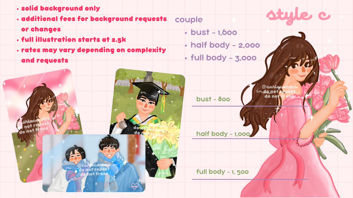 commissions are now open! 💐 
 
check out my commission sheet for rates and samples ~ 
 
ー can do icons, personal and couple illustrations! 
 
💌 hit me up for inquiries/slot reservations!