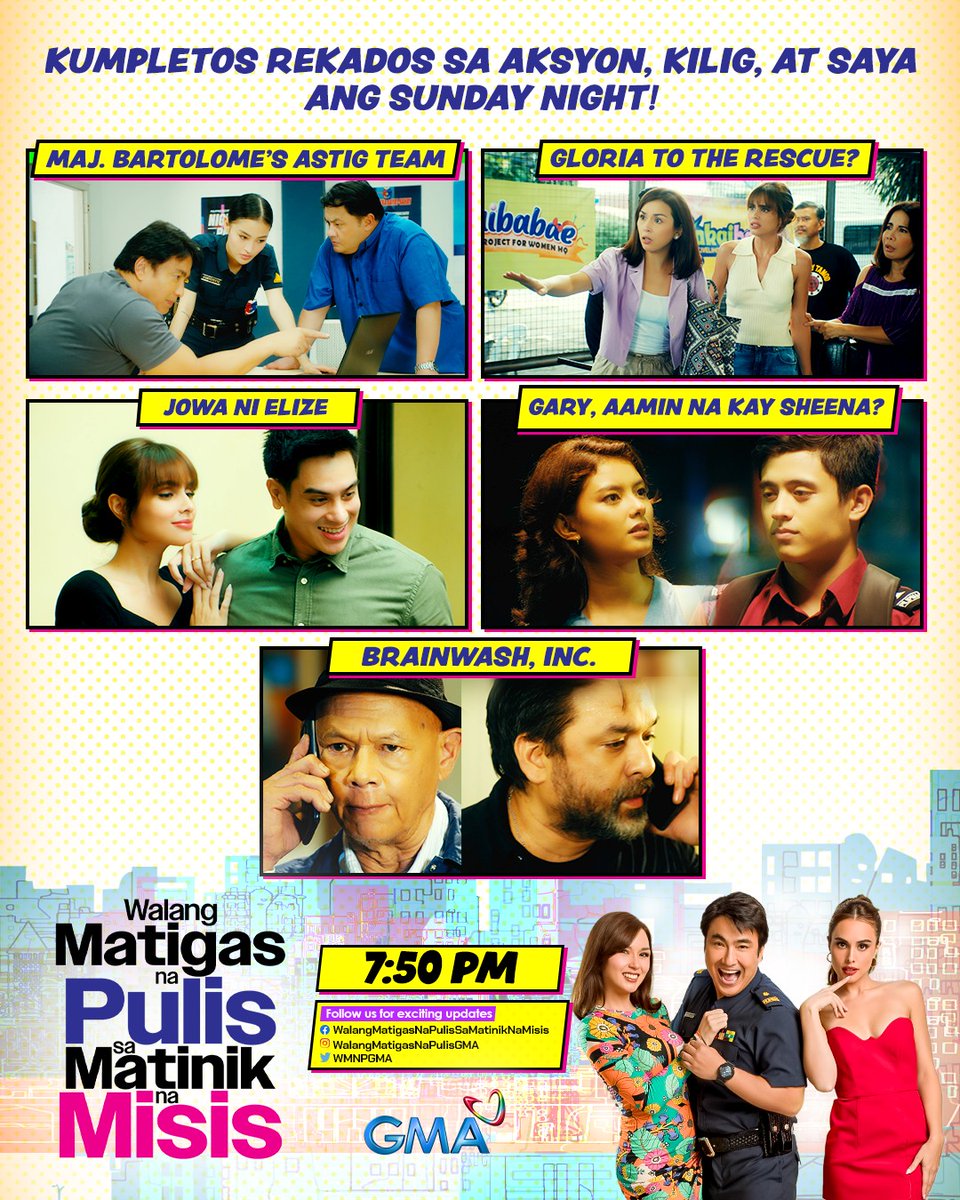 WMNPGMA's tweet photo. Kumpletos rekados na naman sa AKSYON, KILIG, at SAYA ngayong Linggo!

May bagong kahaharapin sina Major Bartolome, makikilala natin ang jowa ni Elize, at si Gloria, to the rescue kay Elize?

#WMNPSmuggling | 7:50 PM
#WalangMatigasNaPulisSaMatinikNaMisis https://t.co/WgQeLiqgDf