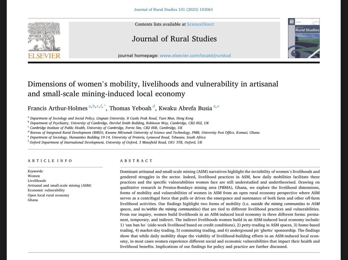 Original piece. In this latest co-authored paper, we conceptualise two rural economies in which women can build livelihoods; i) a semi-closed rural economy and ii) an open rural economy with both farm and non-farm activities, including ASM.

sciencedirect.com/science/articl…