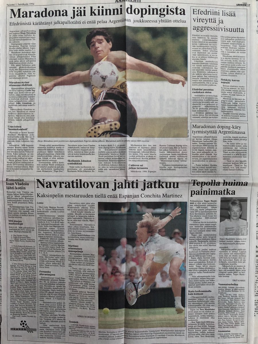 Aamulehti 1.7.1994

Diego #Maradona ja efedriini, käry kävi.
Navratilovan, 37, jahti oli kova (ei silti riittänyt enää finaalissa Martinezia vastaan).
#mmfutis #jalkapallo #usa1994 #tennisfi #Wimbledon