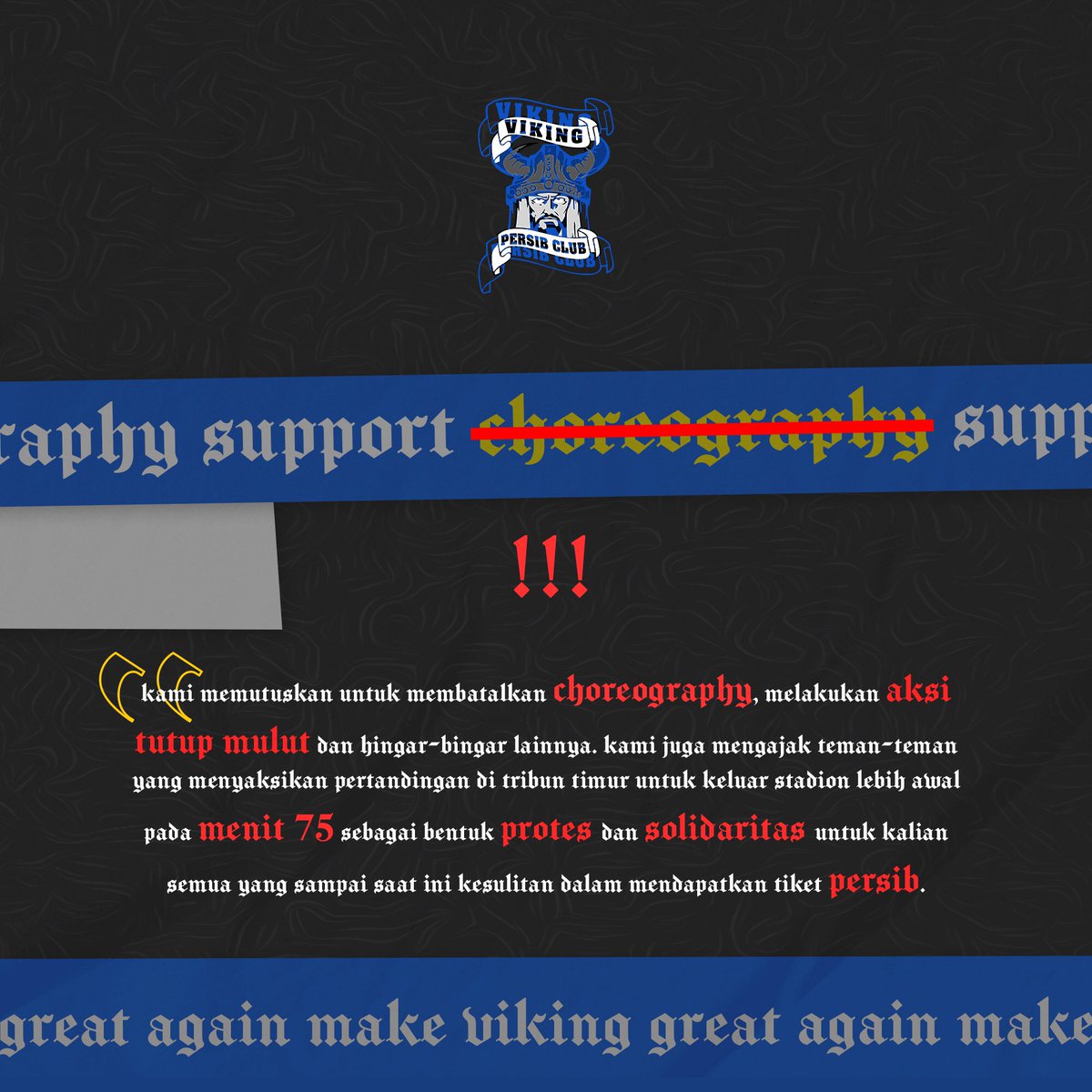 SERUAN UNTUK KALIAN SEMUA!

Dengan berat hati kami membatalkan choreography dan melakukan aksi tutup mulut. Kita tinggalkan stadion tepat pada menit ke-75 sebagai bentuk protes dan solidaritas untuk kalian semua yang sampai saat ini masih kesulitan mendapatkan tiket PERSIB.