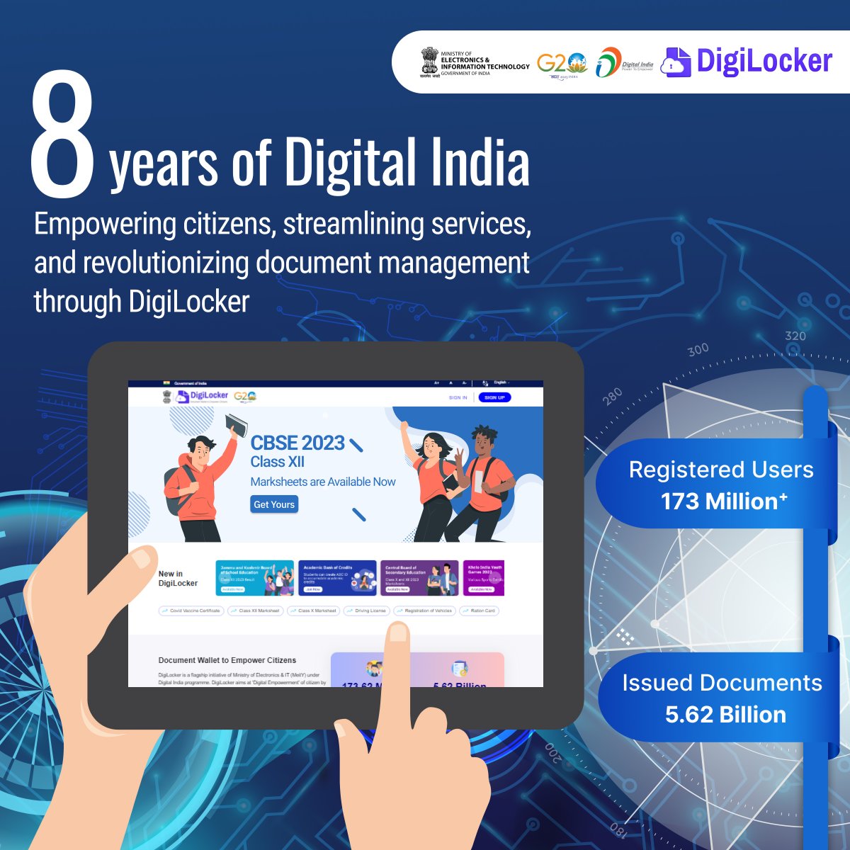 digilocker_ind's tweet photo. Celebrating #DigitalIndiaDay! 🇮🇳
8 years of transformative impact with DigiLocker:
• 173 Million+ empowered users
• 5.62 Billion documents issued
• Revolutionizing document management
Propelling India towards a digital future of streamlined services and citizen empowerment https://t.co/BO8boVpwxl
