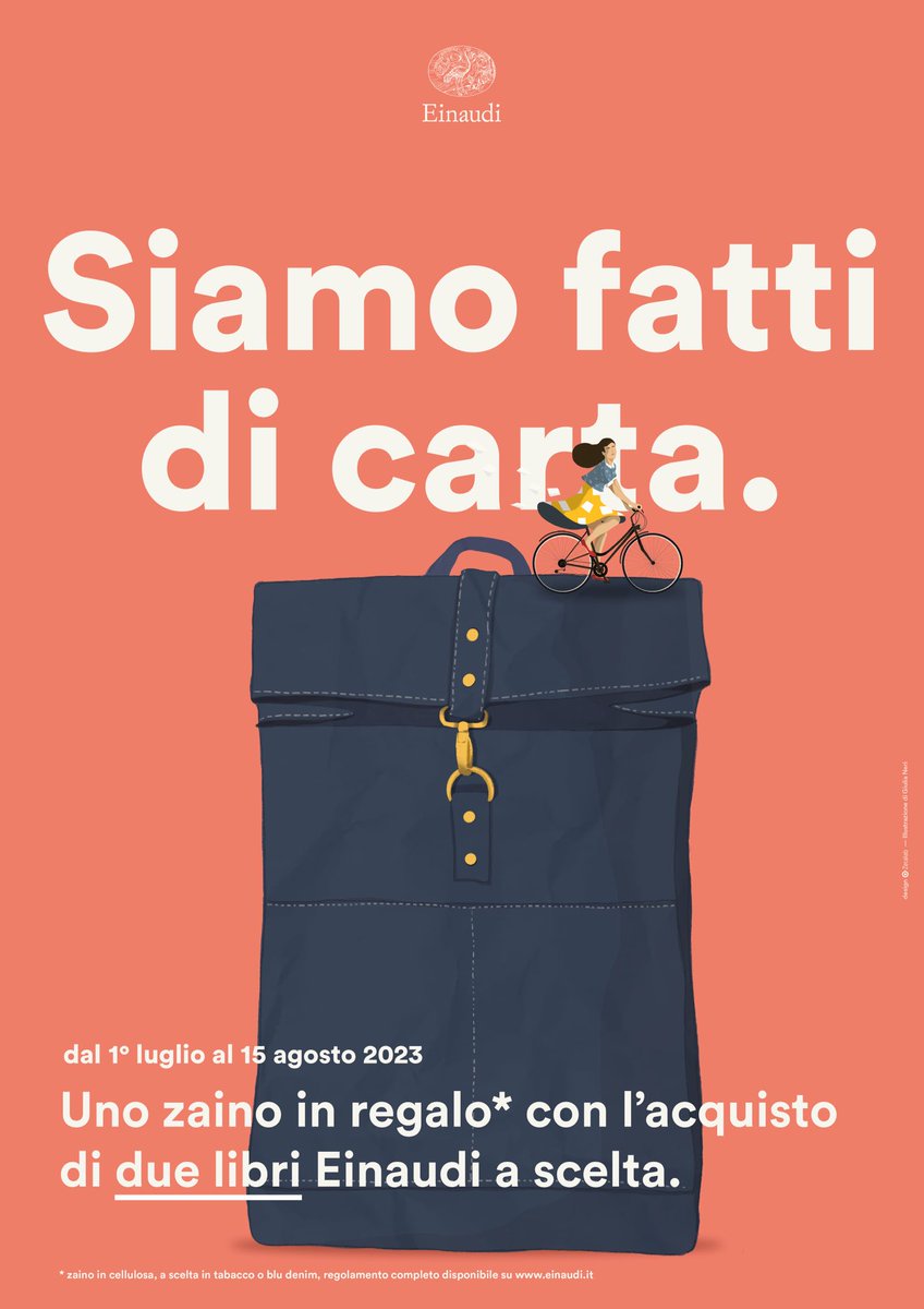 Einaudieditore's tweet photo. Siamo fatti di carta.

Da oggi fino al 15 agosto 2023 uno zaino in cellulosa in regalo con l’acquisto di due libri Einaudi a scelta.

Nelle librerie e negli store online che aderiscono all’iniziativa. https://t.co/VKZZcupKj6