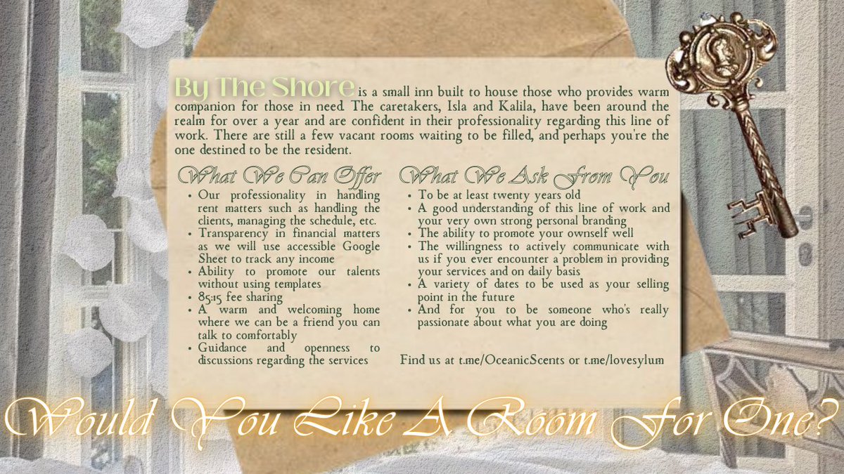 Would You Like A Room For One?

We are thrilled to announce that our precious inn still has vacant rooms available for talents. As the inn is built with love and warmth, you are allowed to take a visit—even better, stay. 

Retweets are highly appreciated. 🍹