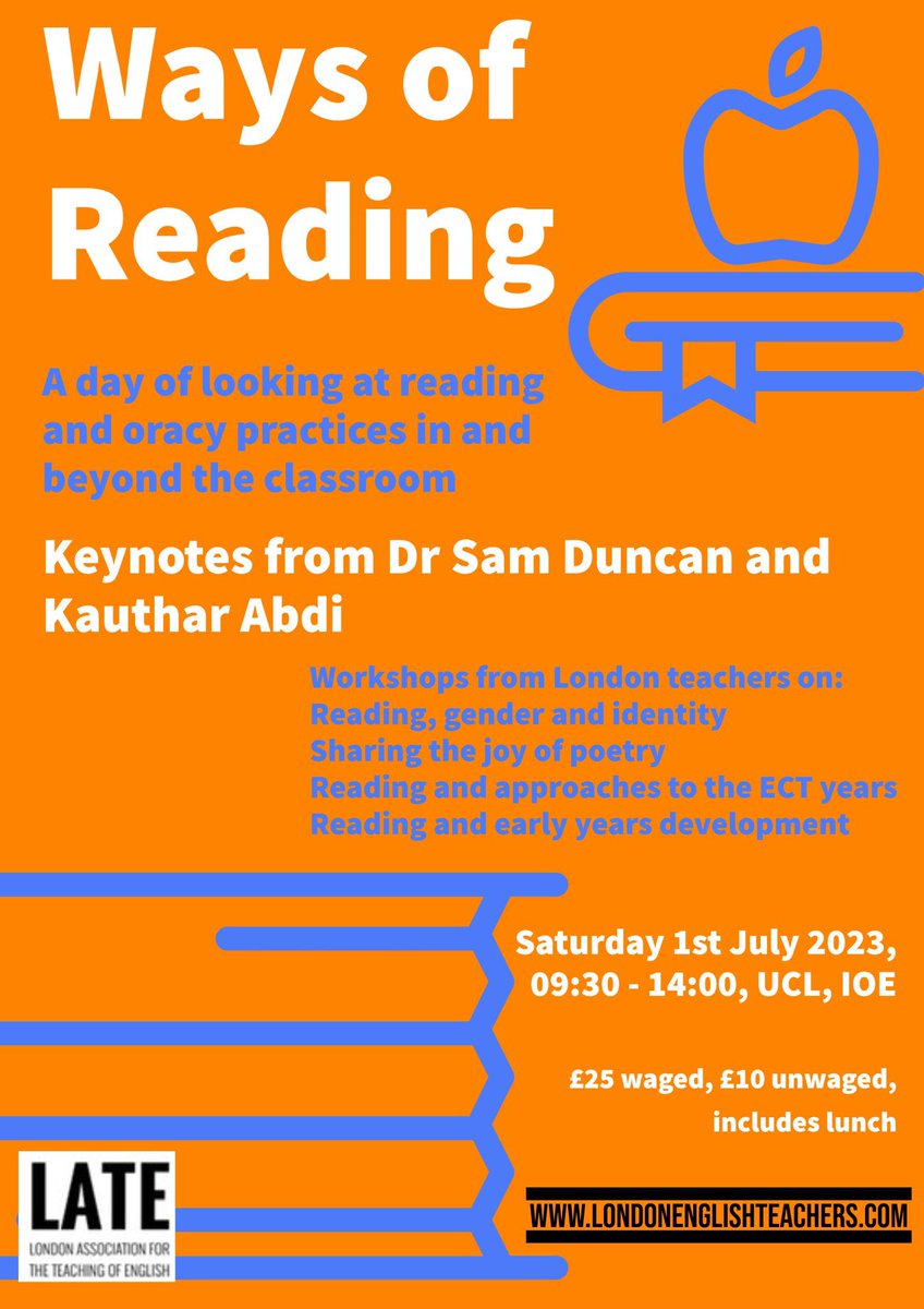 LondonLATE's tweet photo. Happy conference day! ๐ There will be some tickets available on the door so if youโre looking for some fantastic CPD (and lunch!) then come on down! See you all soon! #waysofreading https://t.co/eqavdyMO7d