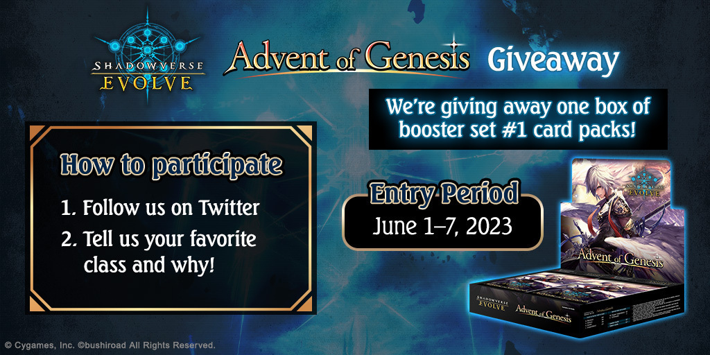 To celebrate the release of Shadowverse: Evolve's first booster set, we're  giving away 1 box of Advent of Genesis card packs! For more entry details,  check out the link below!  https://t.co/7j2RzInXHz #