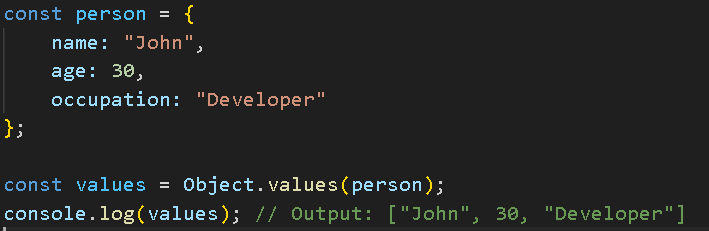 naveen_metta_23's tweet image. JavaScript's 'Object.values' method returns an array of an object's enumerable property values. It's useful for extracting values from an object. #JavaScript #ObjectValues