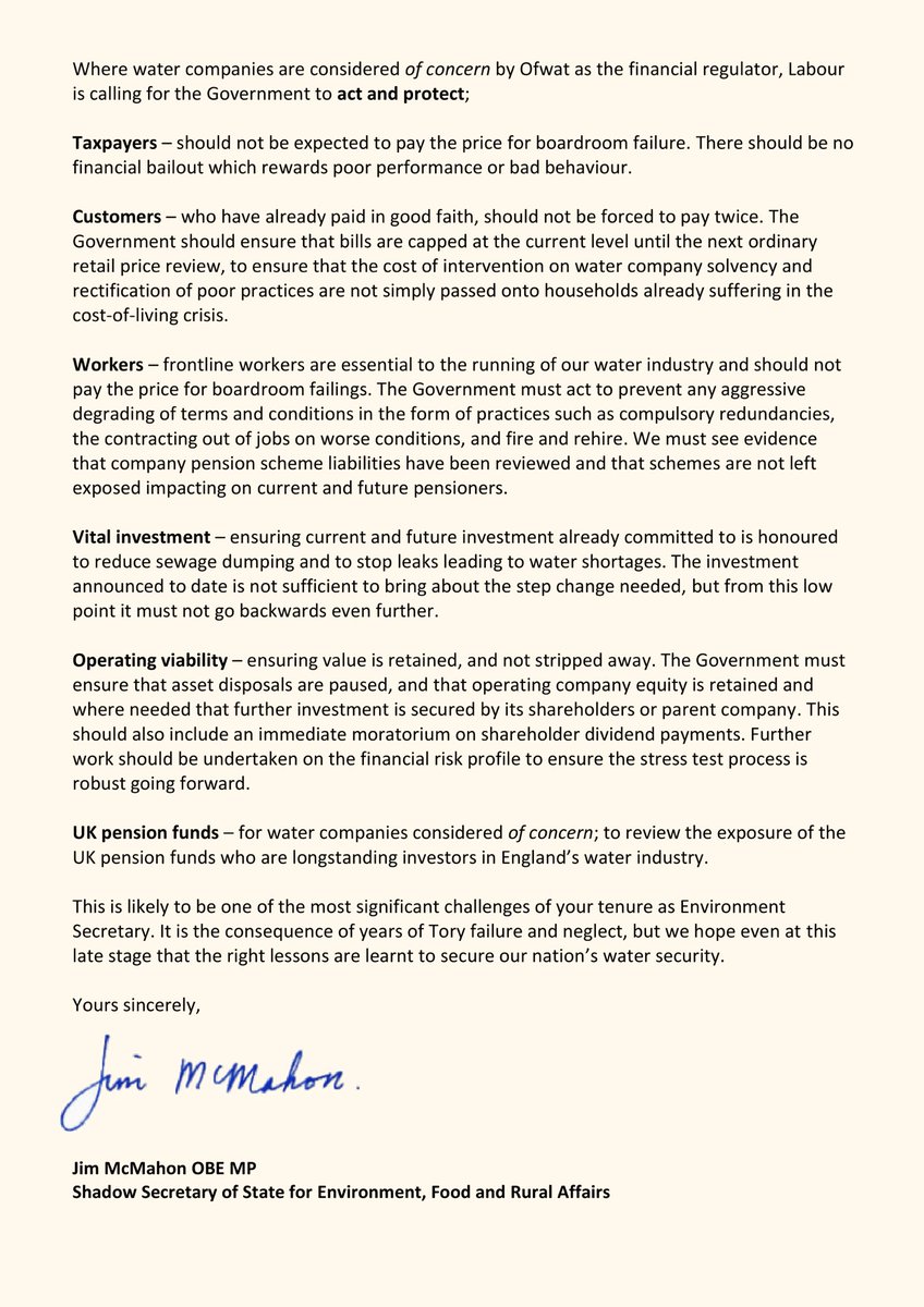 The serious challenges facing the water industry could have been avoided had the Tories not been asleep at the wheel. 

<a href="/UKLabour/">The Labour Party</a>’s six tests must form the basis of a government act &amp; protect plan, preventing taxpayers &amp; workers from paying the price for boardroom failures. ⤵️