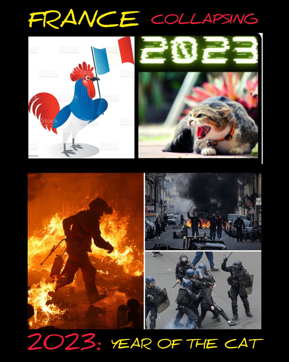 TheMatrixology's tweet photo. "Life Is One Big #Synchronicity - Everything Is Connected"

#FRANCE Is Heavily Connected To The #ROOSTER 🐓 👈

2023 = YEAR OF THE #CAT 🐈 
🐓 + 🐈 = #ENEMIES

2023: #FRANCE Is Collapsing 👈

#EGGS ✅️
#SIRACHA ✅️
#FRANCE ✅️

#TheMatrixology

https://t.co/kDl0k797h6 https://t.co/pzOj6QSHmx