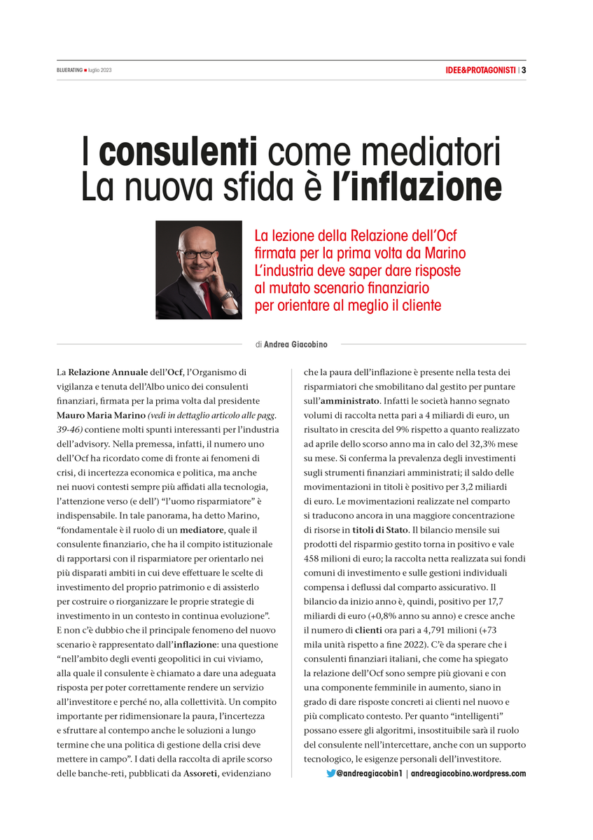 andreagiacobin1's tweet image. Il nuovo BLUERATING è in edicola. Il mio editoriale. @Blue_Fin_Com @bluerating_com #consulentifinanziari #ocf @mauro_m_marino