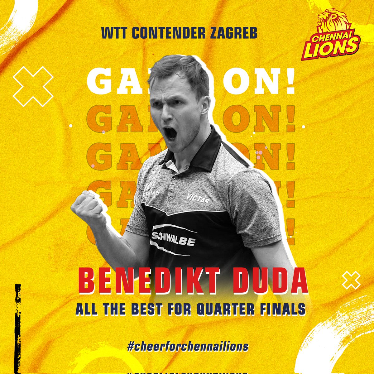 Our Chennai Lions Benedikt Duda gearing up to take on the formidable world number one ranked player, FAN Zhendong. 
All the best for the WTT CONTENDER ZAGREB Quarter Finals
#WTTZAGREB #benediktduda #FANZhendong #TTTournament #SportsForAll #thechennailions