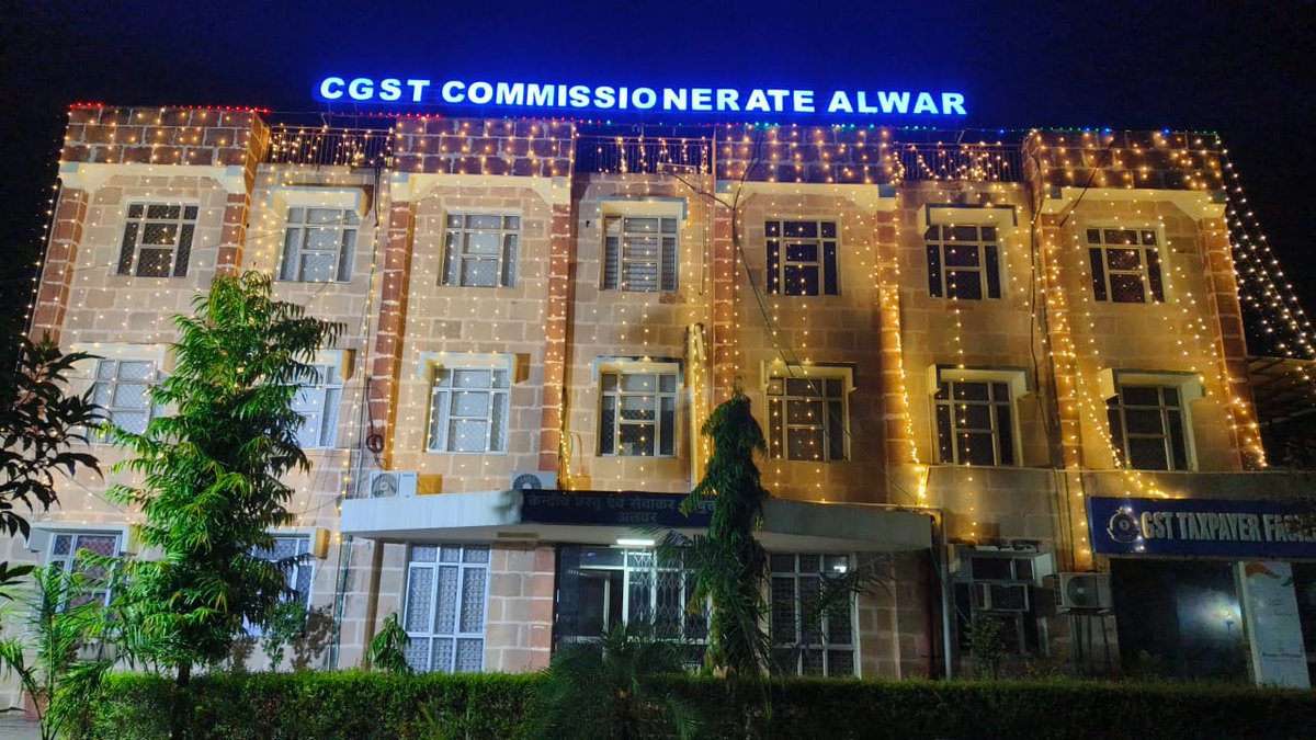 CGST_ALWAR's tweet photo. Today is the 6th Goods and Services Tax #GST Day as GST was launched on 1st July 2017.  CGST Commissionerate Alwar Building is lit up in the eve of GST Day.   #6YearsofGST #TaxReforms #GSTforGrowth  @cbic_india @FinMinIndia @CGSTJAIPURZONE @CgstJaipur @CgstJodhpur @UdaipurGst https://t.co/yvLFMRmYlF
