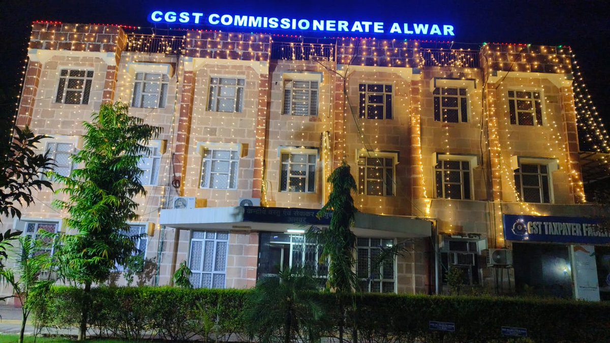 CGST_ALWAR's tweet photo. Today is the 6th Goods and Services Tax #GST Day as GST was launched on 1st July 2017.  CGST Commissionerate Alwar Building is lit up in the eve of GST Day.   #6YearsofGST #TaxReforms #GSTforGrowth  @cbic_india @FinMinIndia @CGSTJAIPURZONE @CgstJaipur @CgstJodhpur @UdaipurGst https://t.co/yvLFMRmYlF