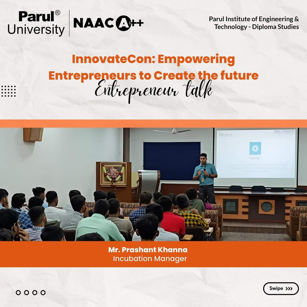 The Computer Engineering Department, PIET-DS, organized an Entrepreneur talk on 'InnovateCon: Empowering Entrepreneurs to Create the future' by Mr. Prashant Khanna , Incubation Manager, EDC, Parul University.

#entrepreneur #innovation #paruluniversity #diplomapu #india #Vadodara