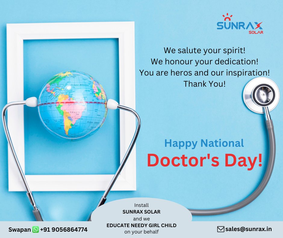 Happy National Doctor's Day! 
We salute your unwavering spirit and applaud your unparalleled dedication. As doctors, you are true heroes and an endless source of inspiration to us all. 
#NationalDoctorsDay
#HeroesAmongUs
#Inspiration
#Gratitude
#sunraxsolar
#sunraxgroup
#sunrax