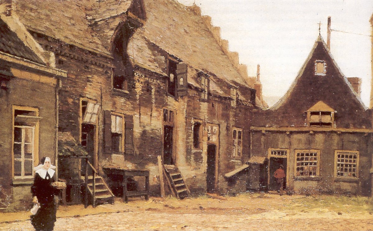 Een kijkje op de binnenplaats van het oude Groot-Ziekengasthuis in het Den Bosch van 1900. Op dit schilderij van kunstenaar Cordes staan de oude bakkerij en de 'Siekenhaard'. Links loopt een non van de Zusters van de H. Carolus Borromeus uit Trier, de verpleging van die tijd.
