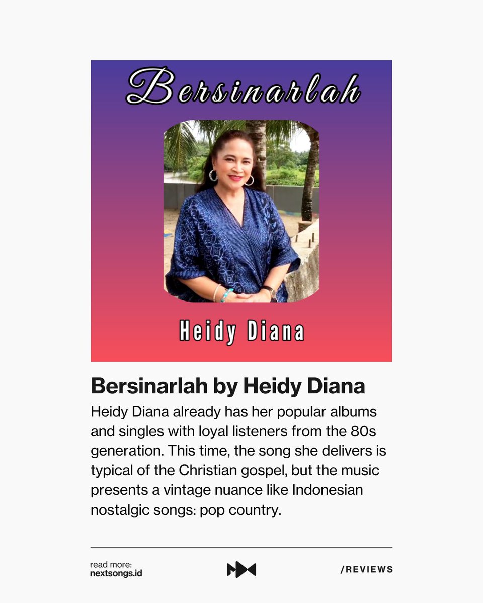nextsongsID's tweet photo. Heidy Diana is not a newcomer Indonesian singer, indeed. She already has her popular albums and singles with loyal listeners from the 80s generation.

Read the full review of 'Bersinarlah by Heidy Diana' at https://t.co/1iYHxfi04f https://t.co/WWQLl4Fn4k