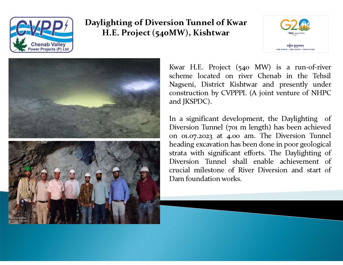 Daylighting of Diversion Tunnel of Kwar H.E. Project (540MW), Kishtwar has been achieved on 01.07.2023