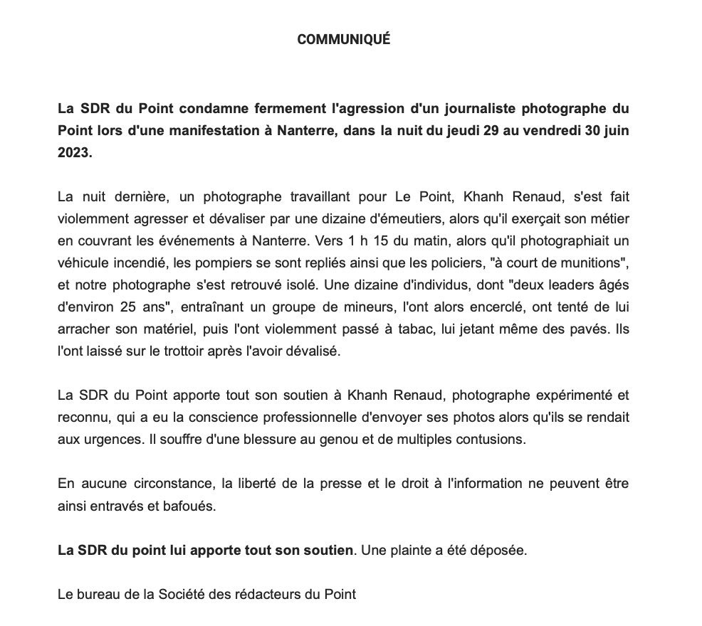 [ 🇫🇷 FRANCE ]

🔸 Un journaliste du Point a été passé à tabac cette nuit alors qu’il couvrait les événements de Nanterre.