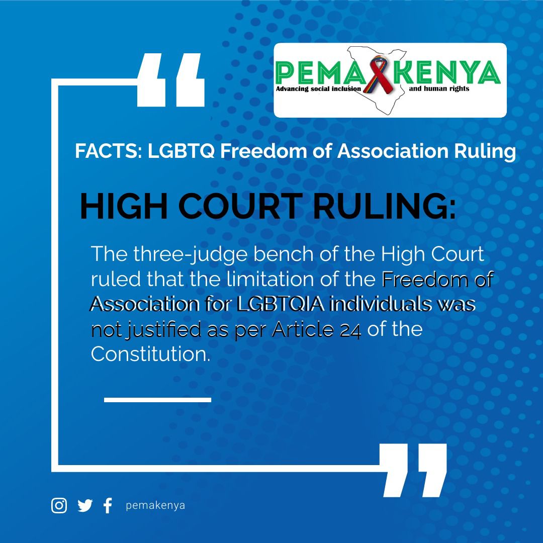 Youth Empowerment Movement Kenya (YEM Kenya) (@yemkenya) on Twitter photo FACTS ABOUT THE FREEDOM OF ASSOCIATION RULING #FreedomOfAssociationKe #RegisterNGLHRC
Summary of the Supreme Court of Kenya Judgement in Petition No 16 of 2019: The NGO Coordination Board v Eric Gitari & 3 Others.
#PemaPride2023 #CompassionInAction #GSMInclusion <a href="/EricGitari/">Eric Gitari</a> FACTS ABOUT THE FREEDOM OF ASSOCIATION RULING #FreedomOfAssociationKe #RegisterNGLHRC
Summary of the Supreme Court of Kenya Judgement in Petition No 16 of 2019: The NGO Coordination Board v Eric Gitari & 3 Others.
#PemaPride2023 #CompassionInAction #GSMInclusion <a href="/EricGitari/">Eric Gitari</a>