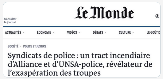 _CauseCommune_'s tweet photo. Si après avoir lu le tract de L'unsa-police et d'Alliance tu ne vois pas de problème dans ce titre de @lemondefr, on peut plus rien pour toi. https://t.co/NiLrbeo2o0