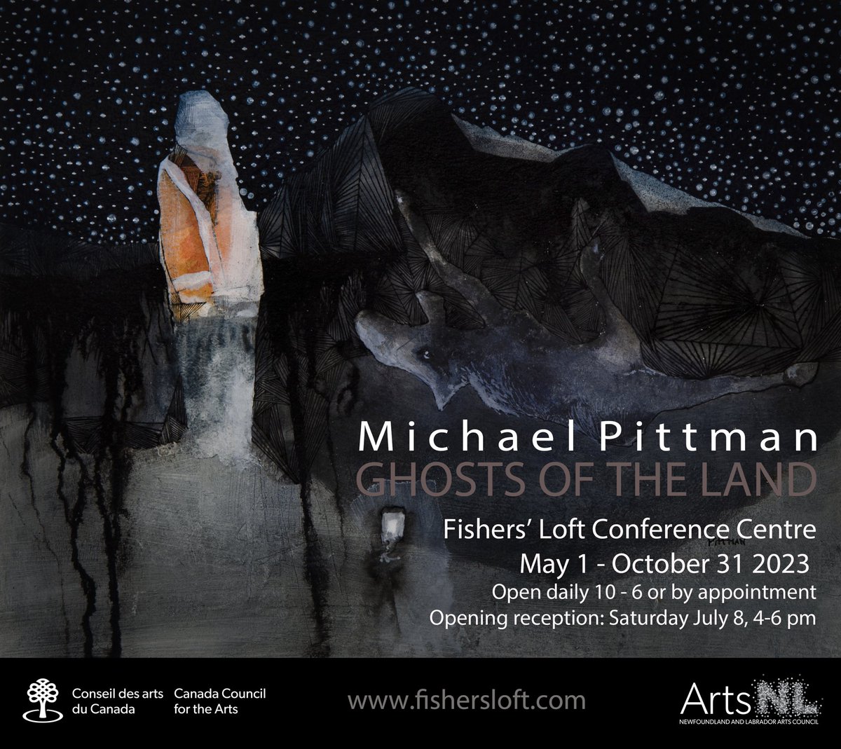 Fishers’ Loft Conference Centre Presents “Michael Pittman: GHOSTS OF THE LAND.” Opening reception Saturday, July 8, 2023 4PM-6PM. Exhibition ongoing until October. The artist acknowledges the support of ArtsNL and The Canada Council for the Arts #nlarts #BringingTheArtsToLife