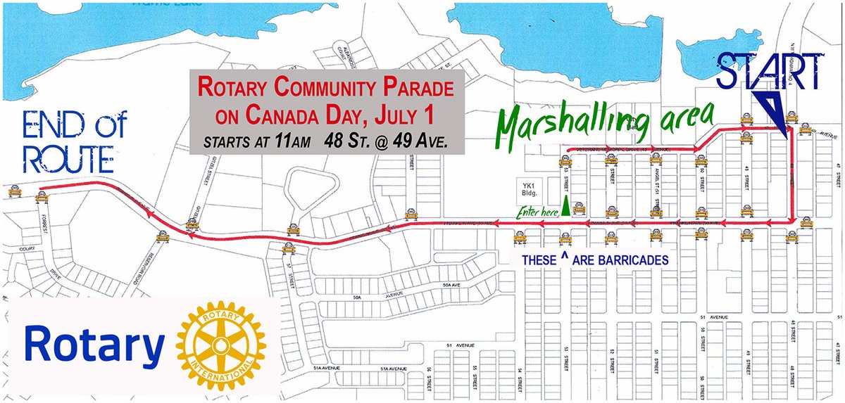 Here’s the more detailed version I did for <a href="/rotary_yk/">Rotary Club of YK</a> showing where entrants should queue up this morning, turning onto 53 Street from Franklin Avenue no later than 10:45am. We have quite a good number of entries, should be fun! #CanadaDay2023 #yellowknife #nwt #Rotary