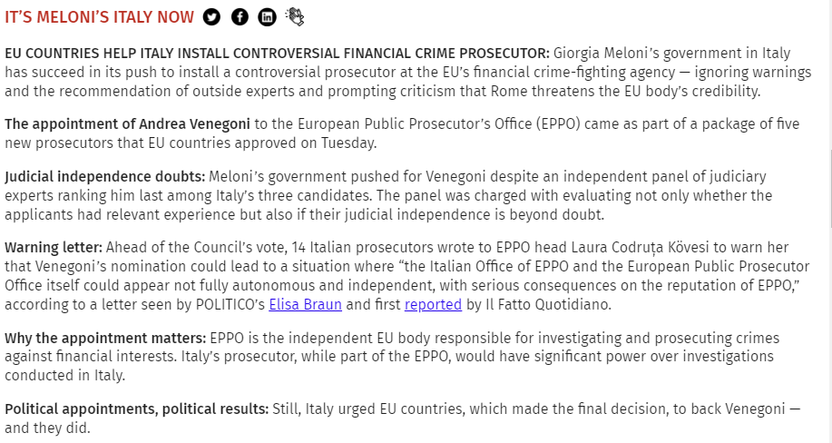 euinside's tweet photo. Very worrisome development. #Italy has the highest number of open @EUProsecutor-led investigations. The European prosecutor is responsible for overseeing the delegated prosecutors. EPPO is an instrument to protect EU's financial interests. Italy is a huge beneficiary of EU funds https://t.co/b4QXLC9DUt