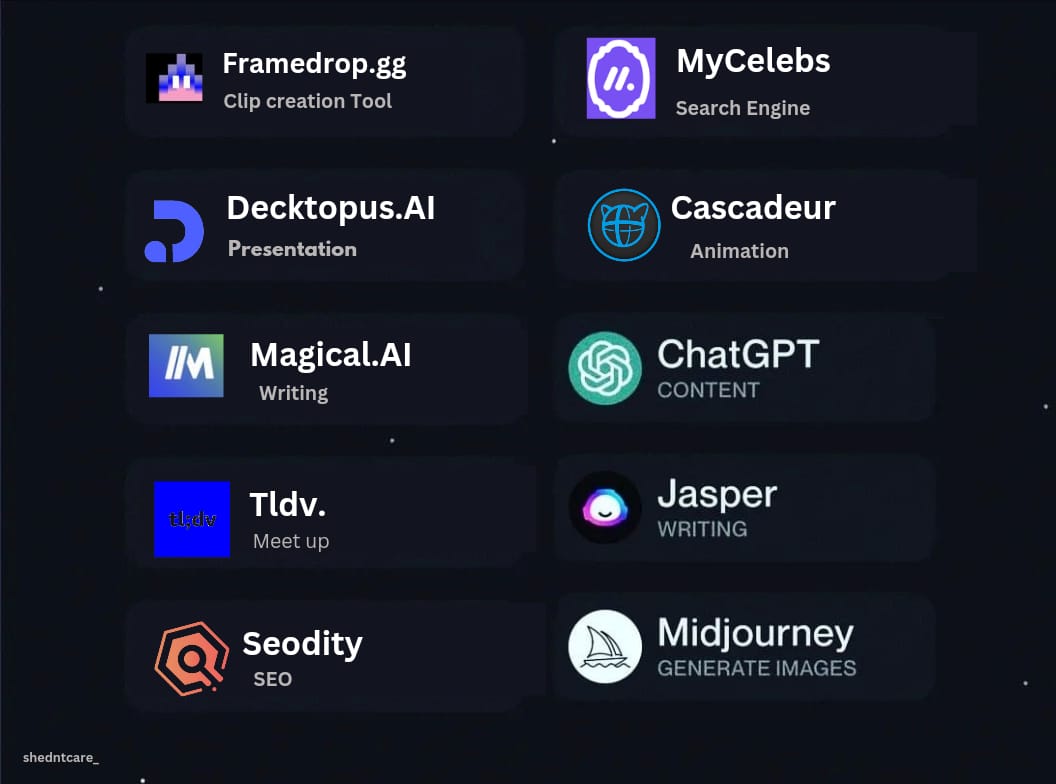 AI Tools are the next big thing in AI.

Here are the 27 insane New ChatGPT Alternatives start earning $5,000/mo with AI:

1. Chatdoc.com - ChatGPT for Documents
2. Framedrop.gg - AI Clip creation Tool
3. Boomy.com - Generate AI Music
4.