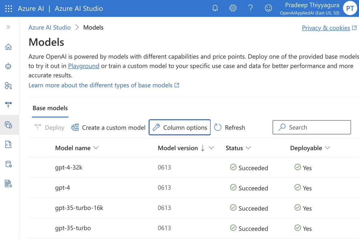 tpradeep's tweet photo. The latest version (0613) of GPT-3.5 turbo and GPT-4 are now available in Azure Open AI. Consider upgrading to these new models because they are cheaper and armed with powerful function calling capability. @Azure @MicrosoftEdge https://t.co/3H9OUxTZI3