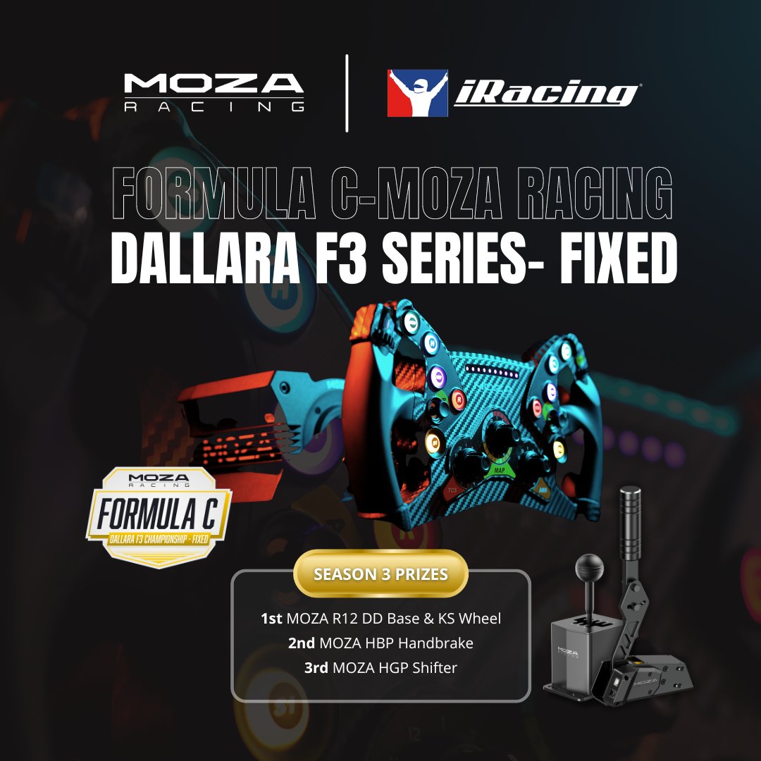 moza_racing's tweet photo. Are you ready to feel the rush of the track and win some amazing prizes? Don't miss your chance to compete in the @iRacing #FormulaC- #MOZA #RACING #Dallara #F3 #series - Fixed!
To enter:
https://t.co/QbNoEKqi2G
The #first #prize will blow your mind! We're talking about our brand-new #R12 DD base and #KS wheel! So gear up, get ready, and let's race towards glory!