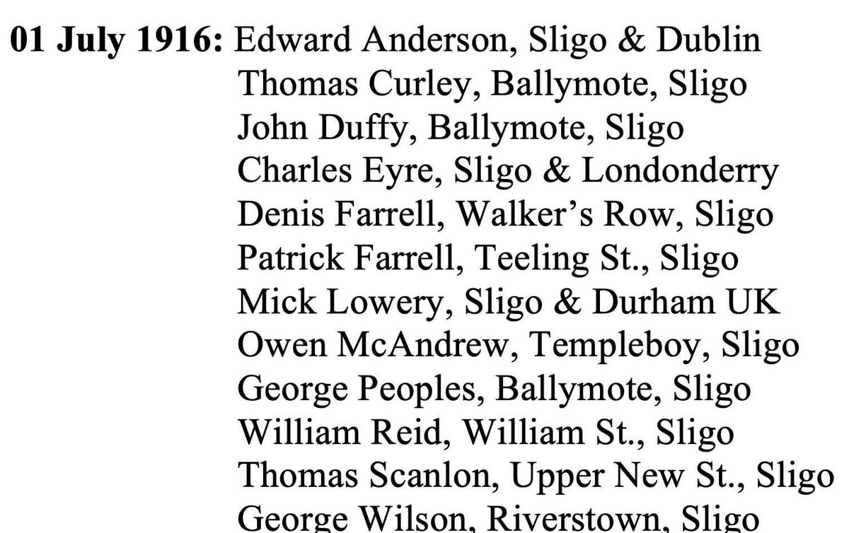 Sligo men who lost their lives on the first day of the Battle of the Somme <a href="/LestSligo/">Lest Sligo Forgets</a> <a href="/RBL_Ireland/">Royal British Legion Republic of Ireland</a> <a href="/sommecourt/">Paul Reed</a> <a href="/irelandbattles/">The Irish at War</a> <a href="/ThisDayInWWI/">This day in WWI</a> <a href="/MNugentResearch/">WW1 Research Ireland</a> <a href="/LionShamrock/">The Lion and the Shamrock</a>